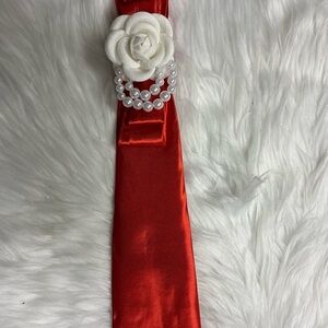 Red Satin Tie with White Rose and Pearls